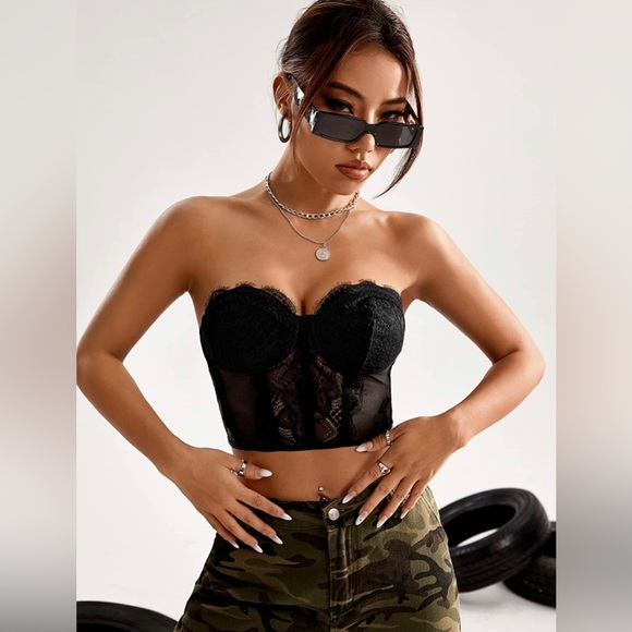 NWT (S) Black Sexy Lace Mesh Satin Corset Bustier Top - Picture 4 of 8